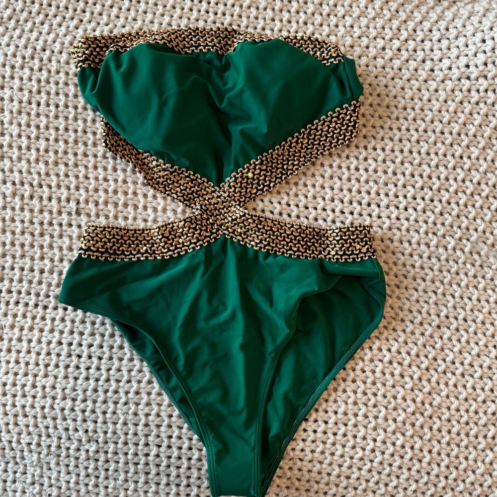 NWOT Green and Gold One Piece Swimsuit with Metallic Accents NEW